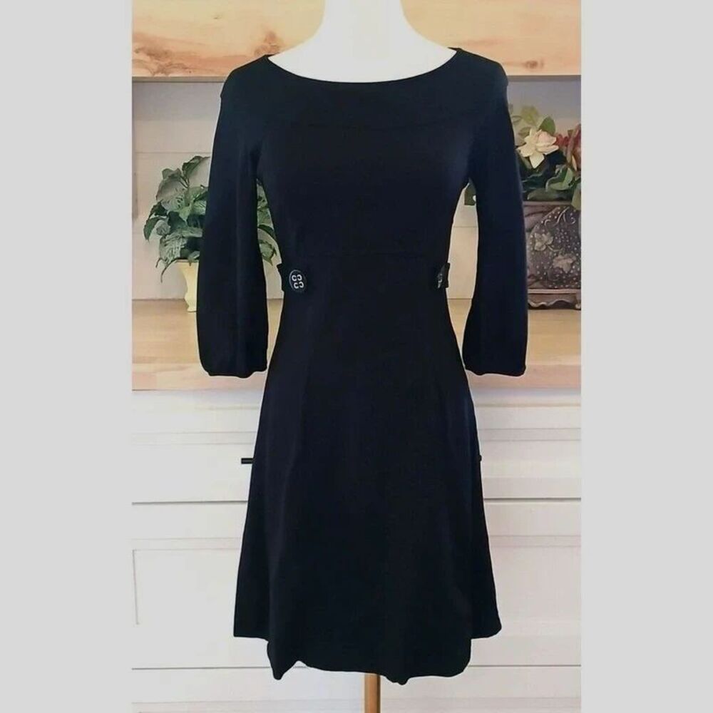 Black Sheath Cocktail Dress Laundry by Design 3/4 Sleeve Front Pocket Size 2